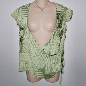 Jams World Womens Green Tropical Palm Print Wrap Open Front Side Tie Top
